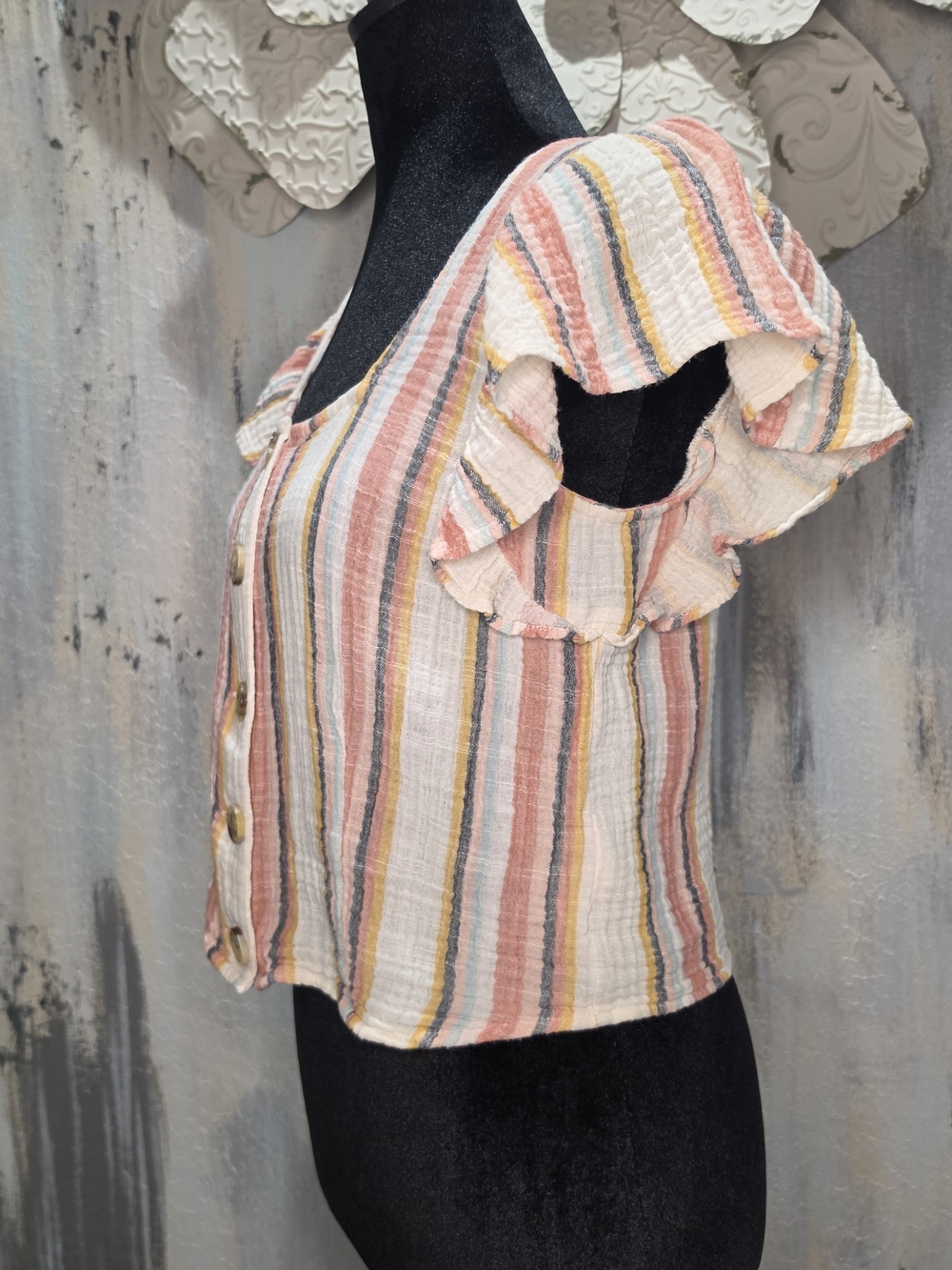 American Eagle Striped Button-Front Flutter Sleeve Top - Multi Pink Size PS - Picture 3 of 7